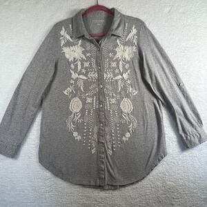 SOFT SURROUNDINGS Shirt Tunic Embroidered Gray White Floral Button Collar Large